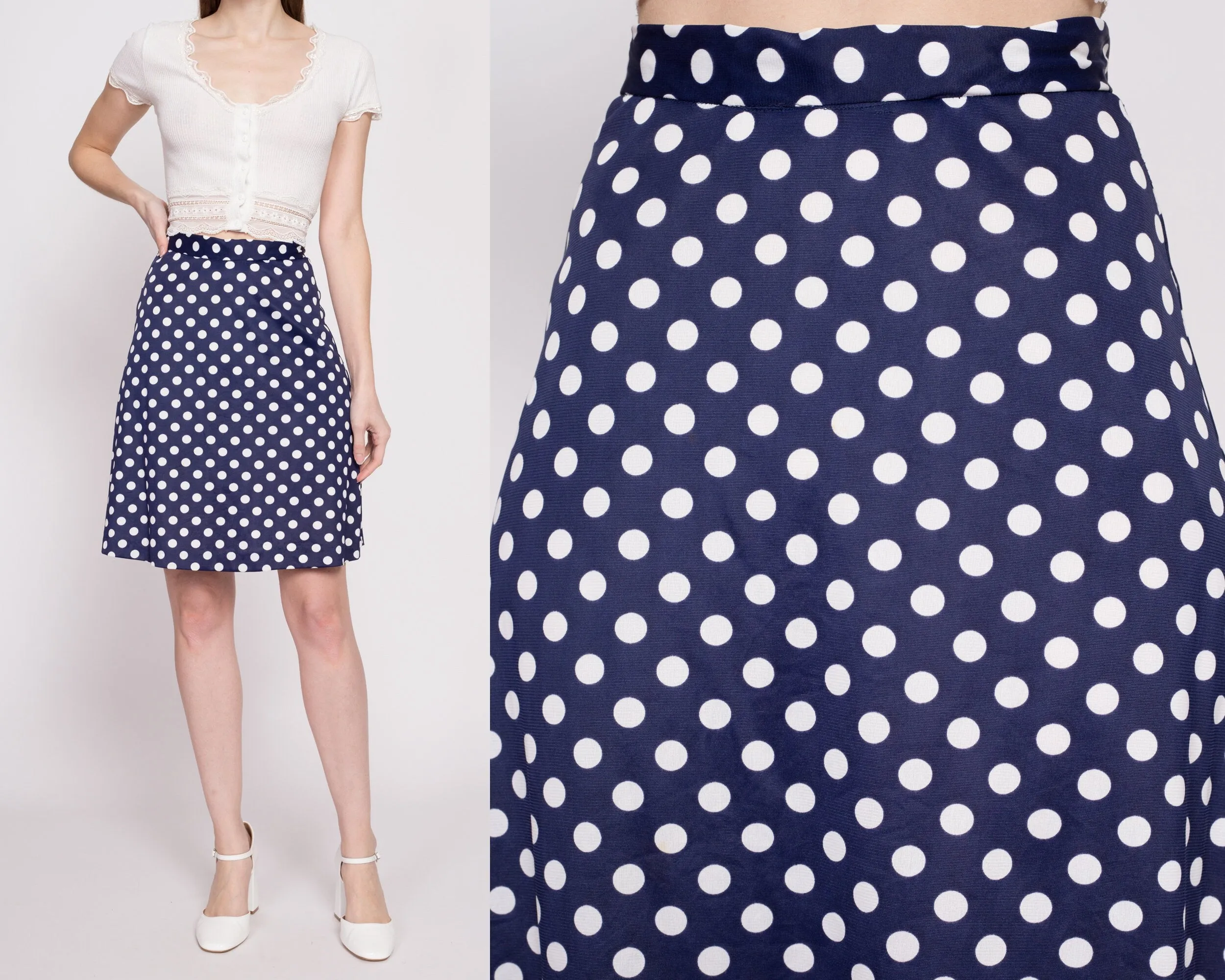 60s 70s Navy Blue Polka Dot Mini Skirt - Extra Small, 25"