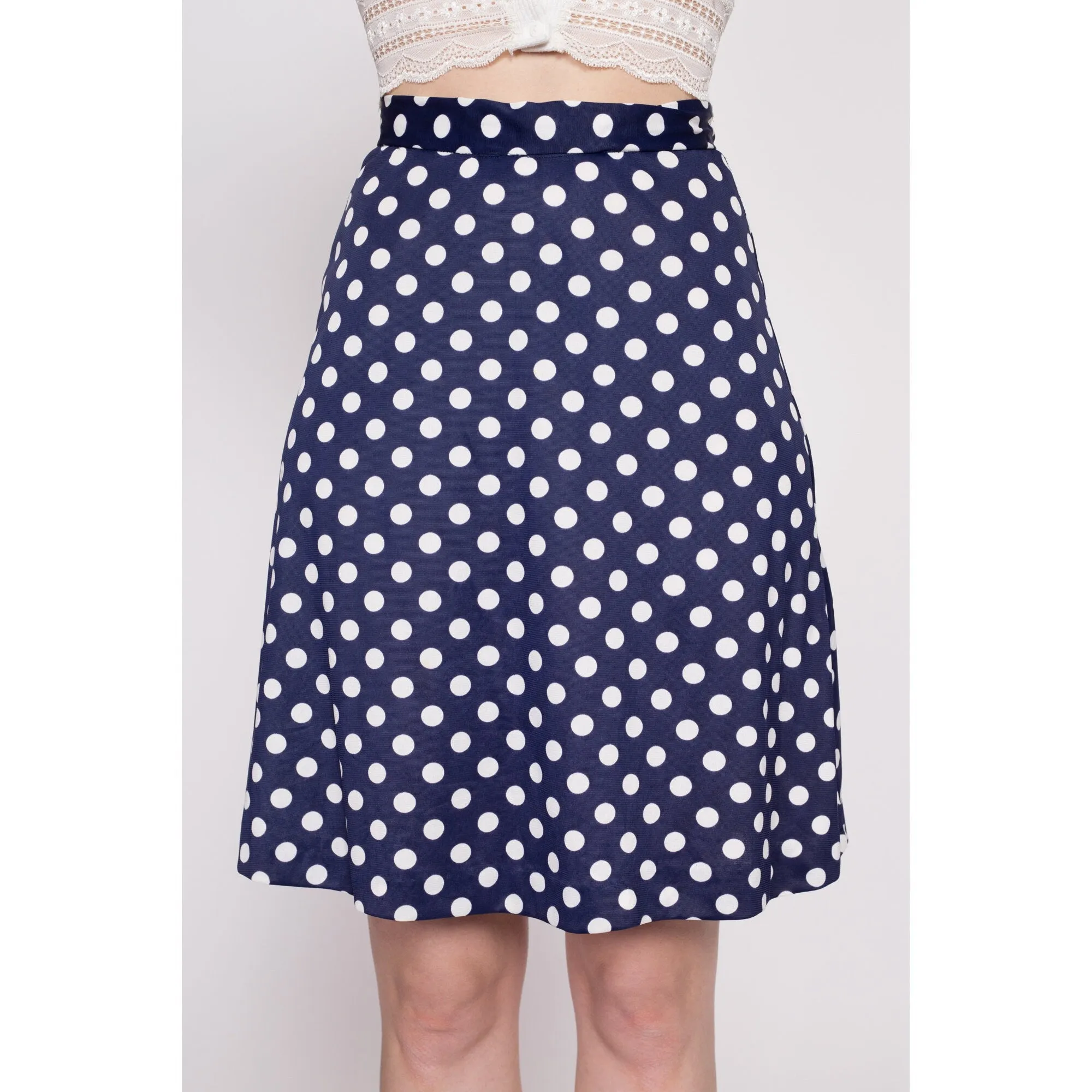 60s 70s Navy Blue Polka Dot Mini Skirt - Extra Small, 25"