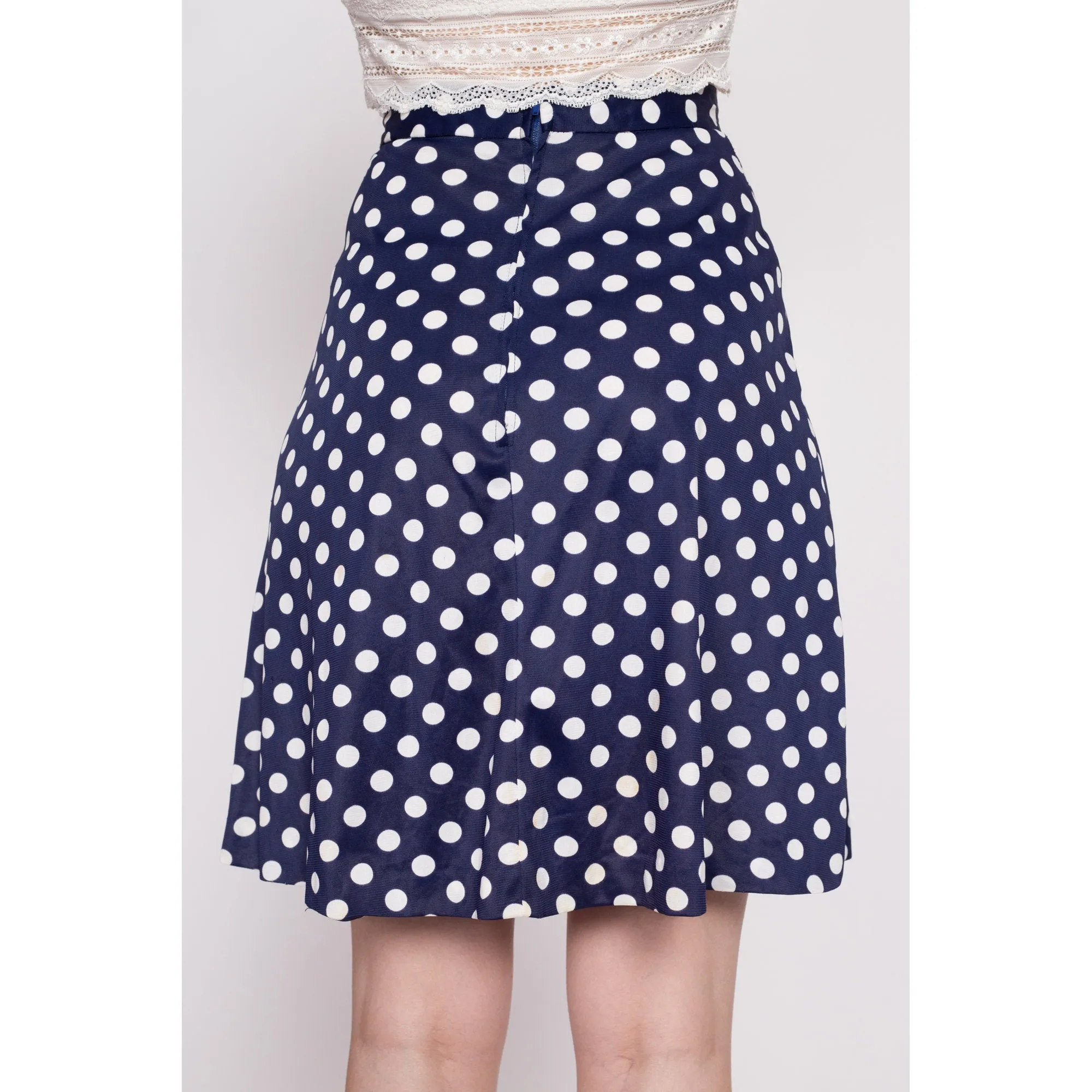 60s 70s Navy Blue Polka Dot Mini Skirt - Extra Small, 25"