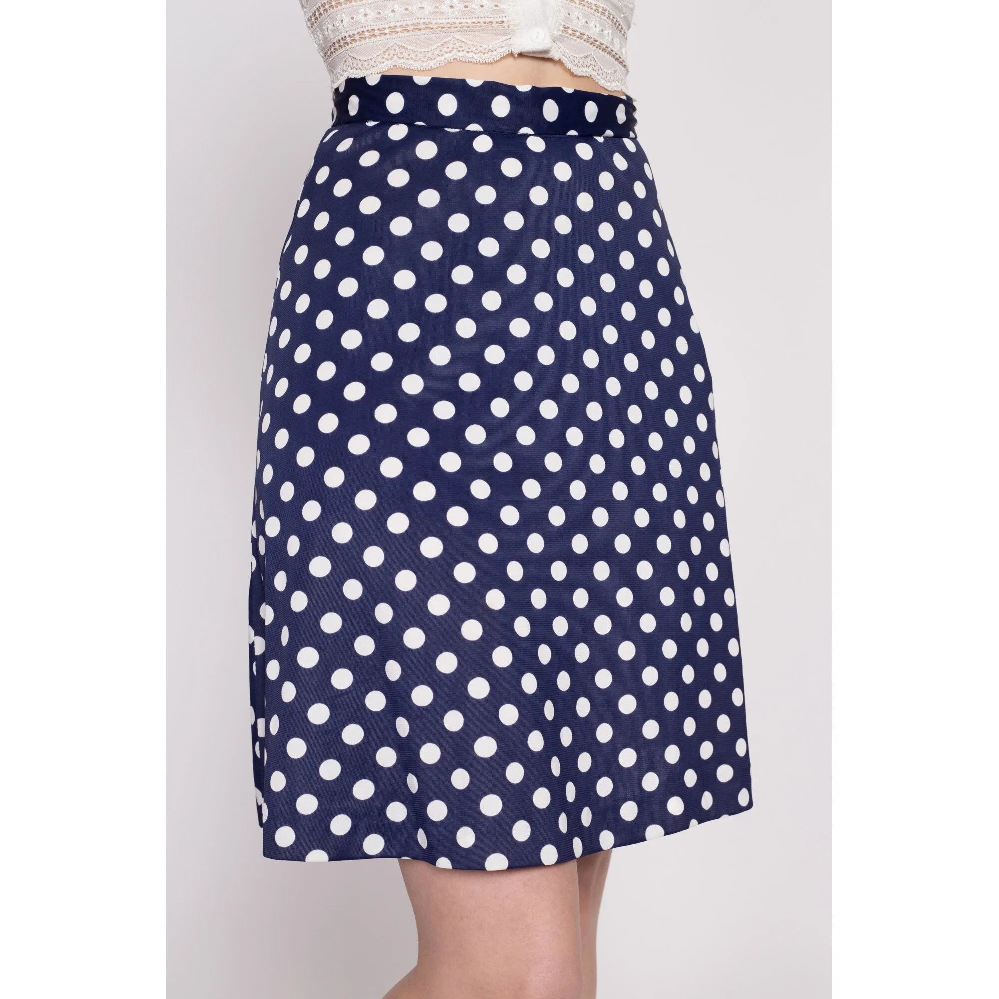 60s 70s Navy Blue Polka Dot Mini Skirt - Extra Small, 25"