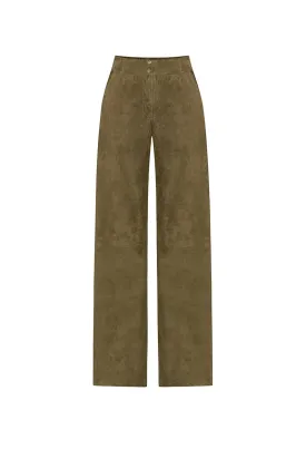 Ava Women's Wide-Leg Suede Leather Trousers - Khaki