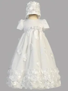 Baby Girls White Floral Ribbon Tulle Dress bonnet Baptism set set CG-006