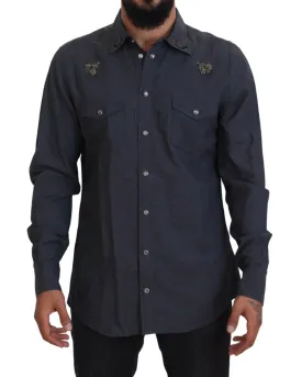 Blue Denim Slim Fit Shirt with Crystal Bee Embellishments