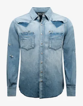 Blue Destroyed Denim Western Shirt -