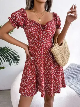 Casual Bell Sleeve Drawstring Tie Floral Swing Dress