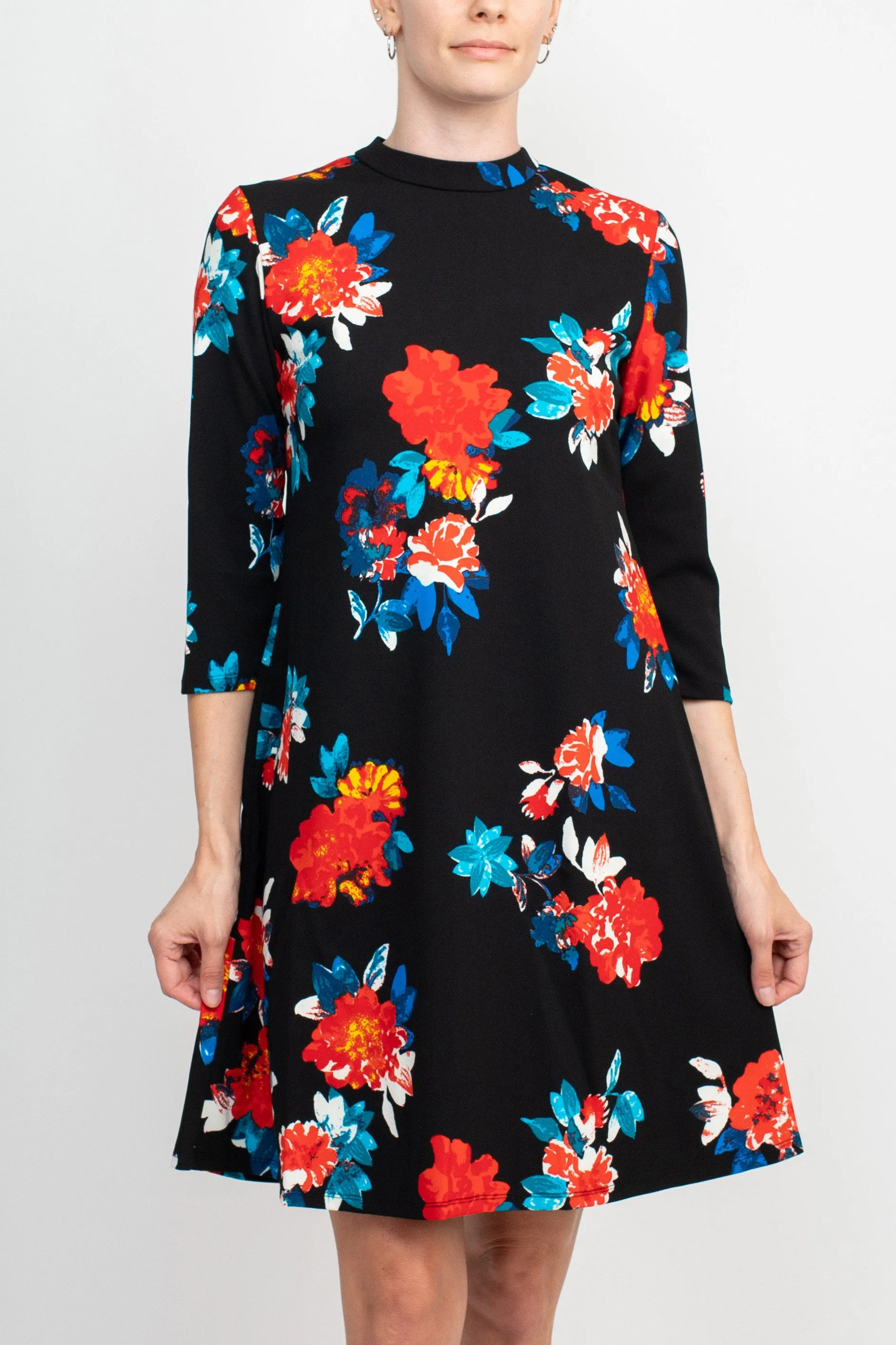 Danillo Crew Neck 3/4 Sleeve A-Line Zipper Back Floral Print Crepe Dress