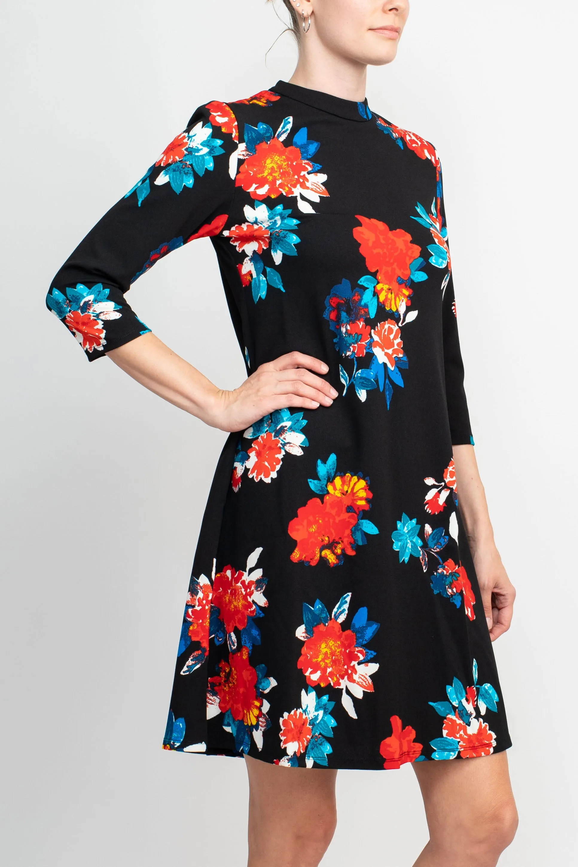 Danillo Crew Neck 3/4 Sleeve A-Line Zipper Back Floral Print Crepe Dress