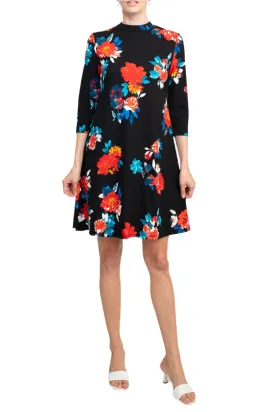 Danillo Crew Neck 3/4 Sleeve A-Line Zipper Back Floral Print Crepe Dress