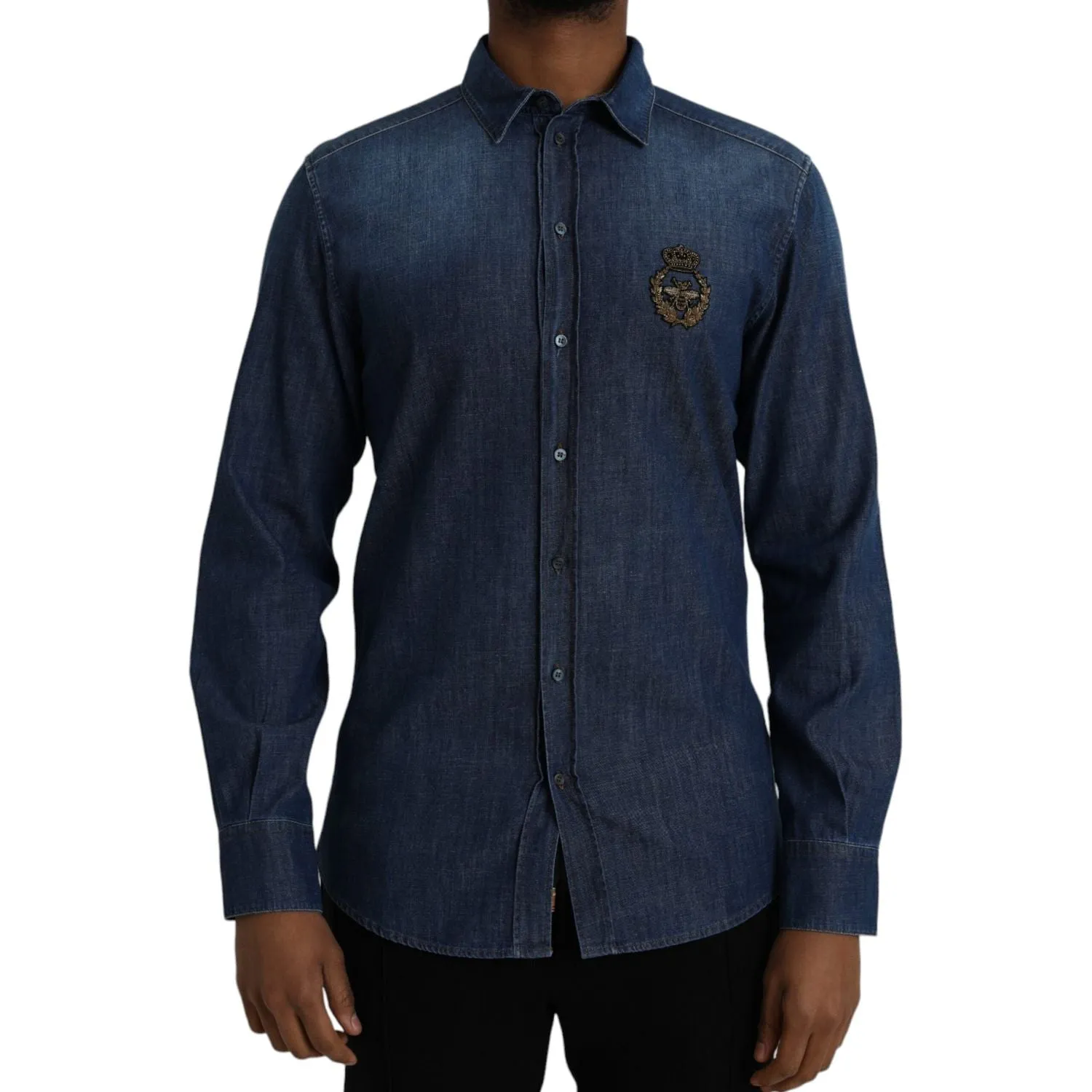 Dolce & Gabbana Blue Crown Bee Cotton Denim GOLD Shirt