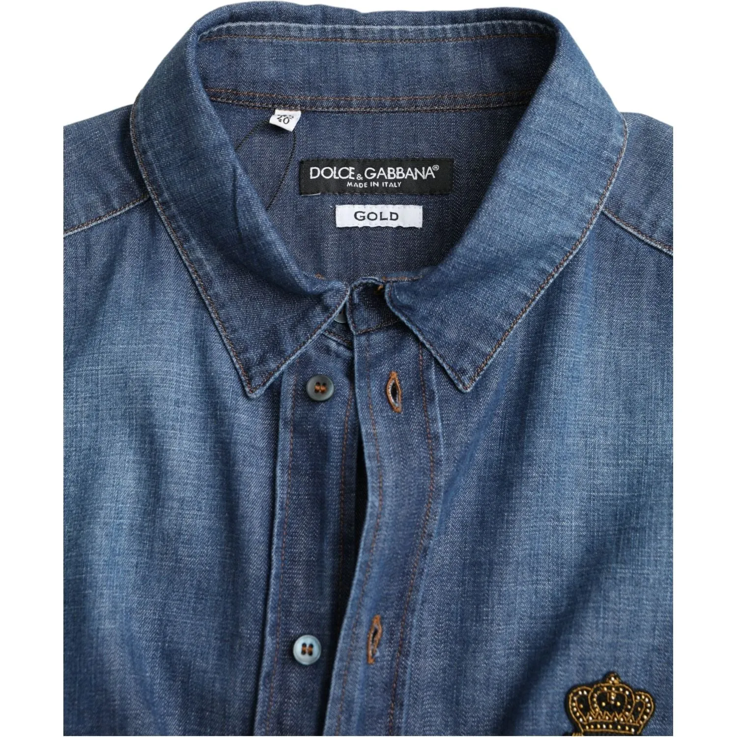 Dolce & Gabbana Blue Crown Bee Cotton Denim GOLD Shirt