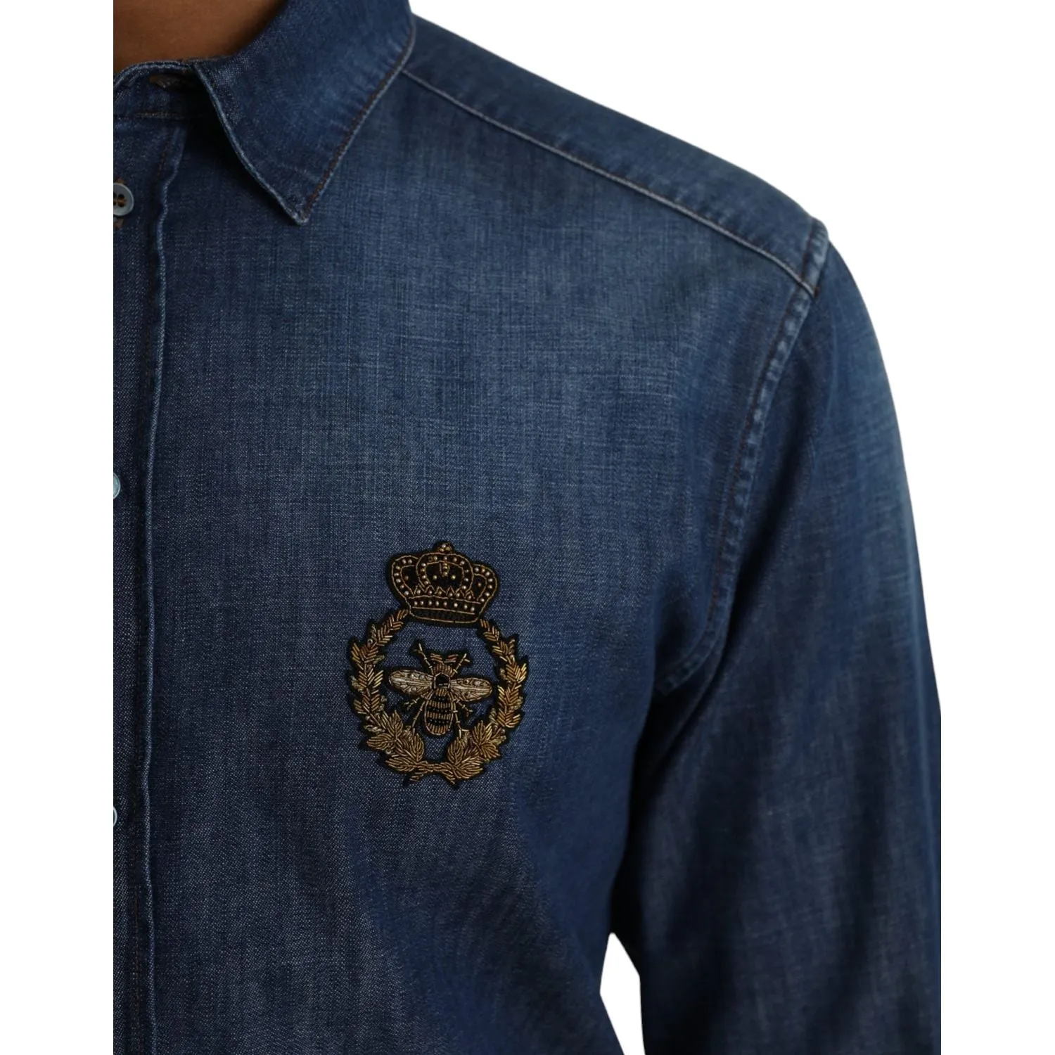 Dolce & Gabbana Blue Crown Bee Cotton Denim GOLD Shirt