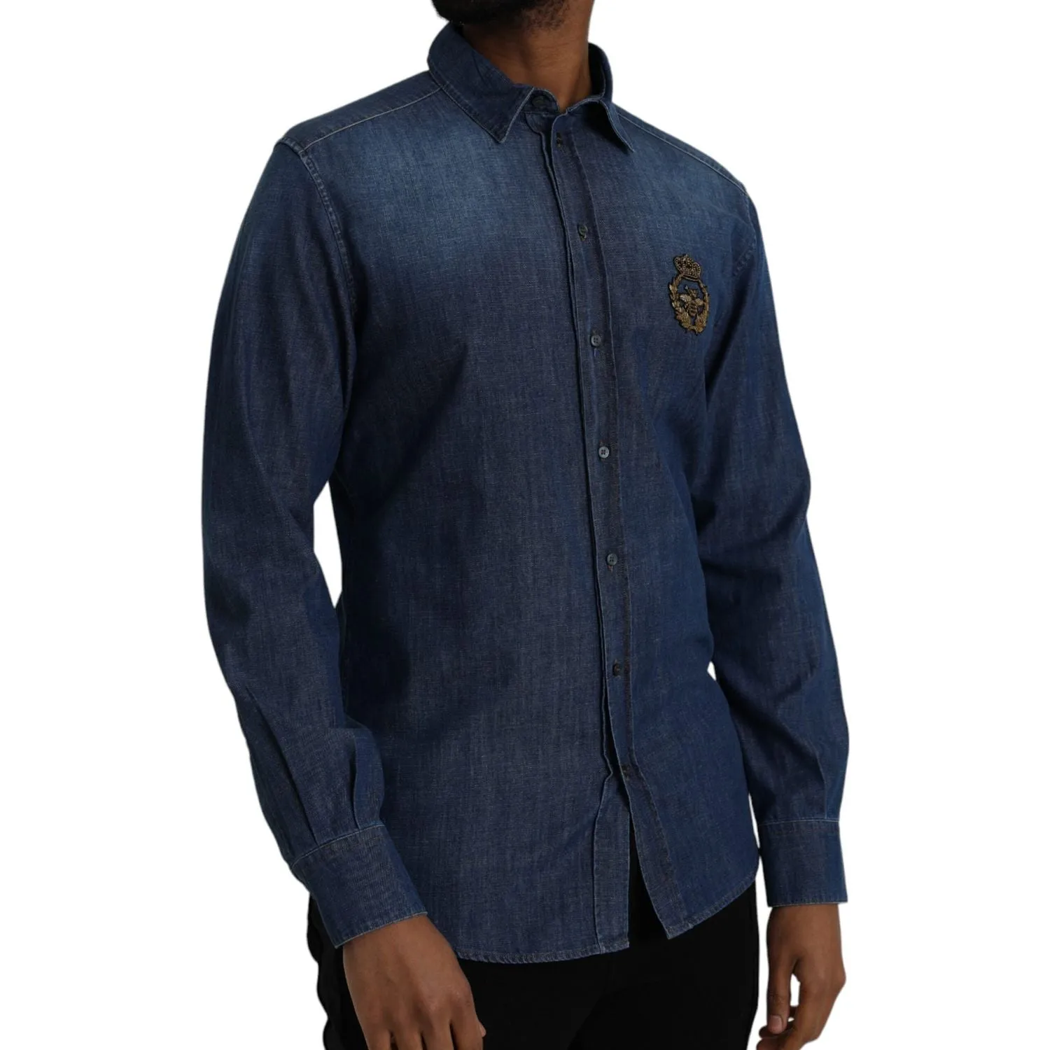 Dolce & Gabbana Blue Crown Bee Cotton Denim GOLD Shirt