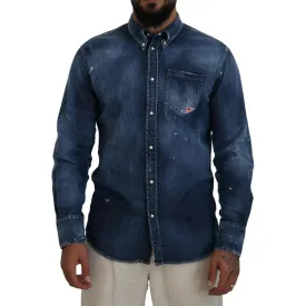 Dsquared² Blue Washed Collared Men Casual Long Sleeves Shirt