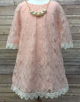 Floral Lace Dress With a Pearl Necklace - Blush