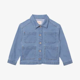 Girls' jean jacket with embroidery on the back.