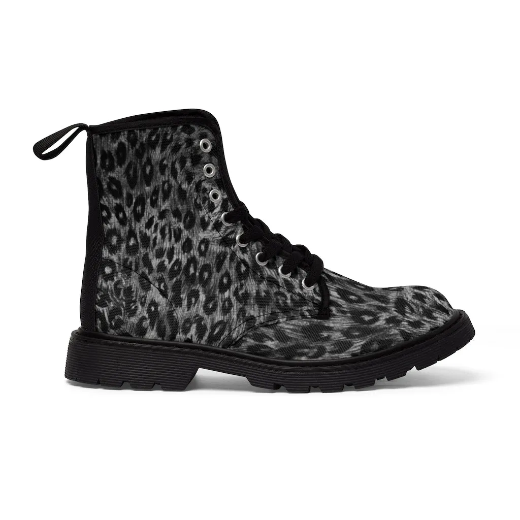 Grey Leopard Animal Print Boots, Wild Leopard Print Women's Laced Up Best Winter Boots