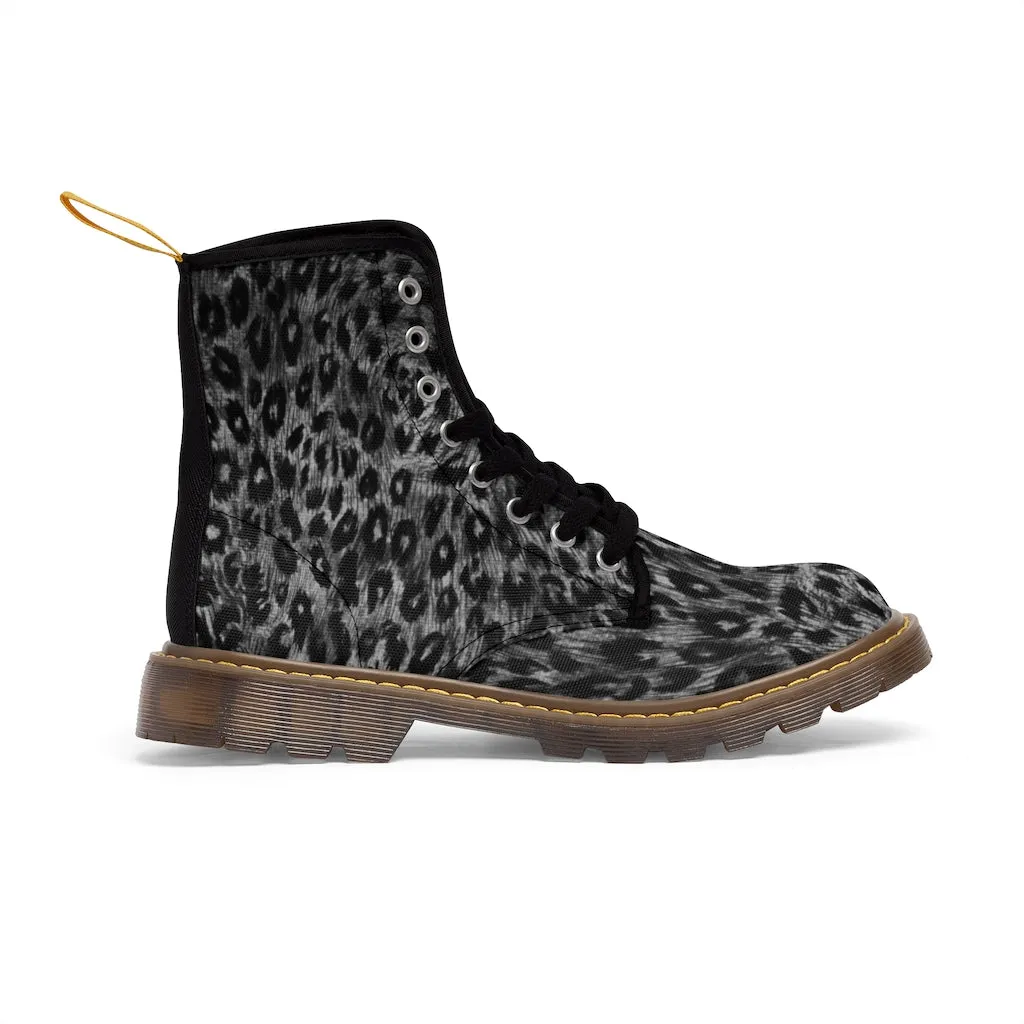 Grey Leopard Animal Print Boots, Wild Leopard Print Women's Laced Up Best Winter Boots