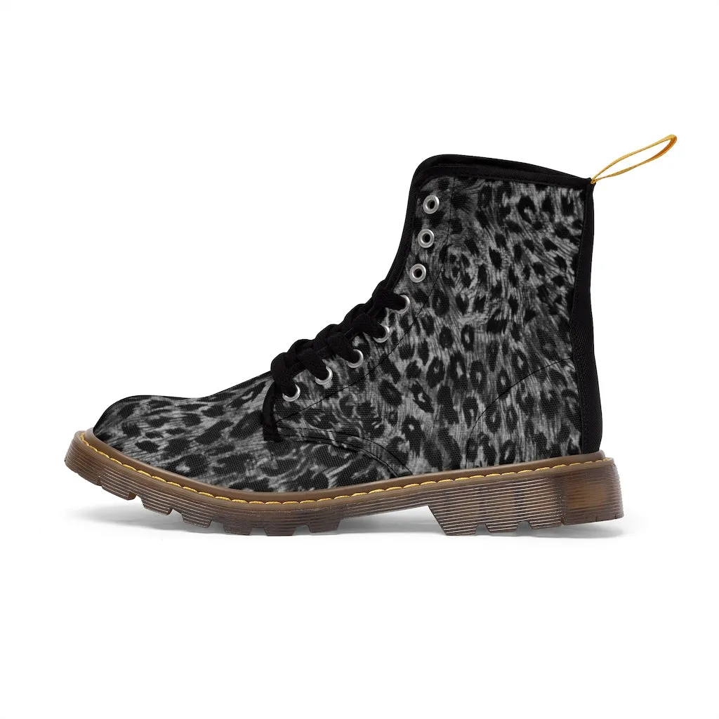 Grey Leopard Animal Print Boots, Wild Leopard Print Women's Laced Up Best Winter Boots