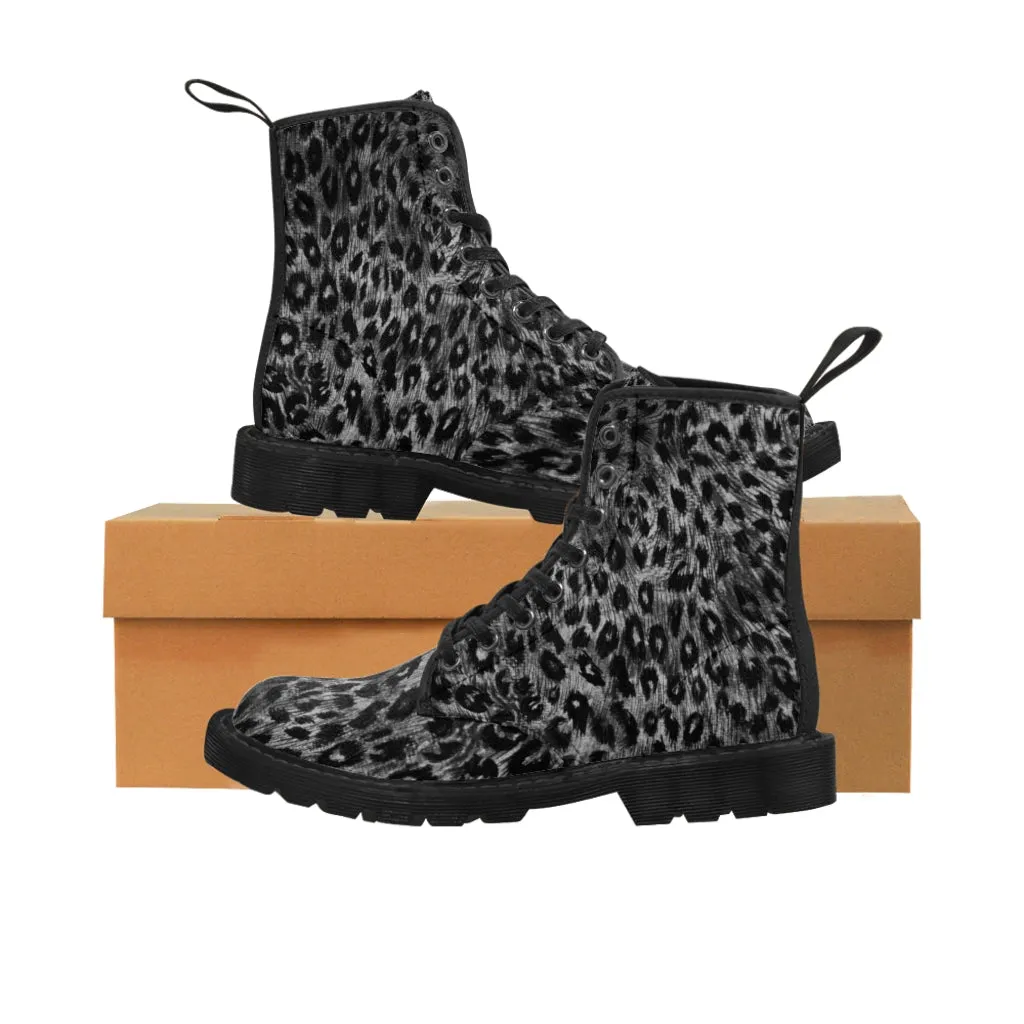 Grey Leopard Animal Print Boots, Wild Leopard Print Women's Laced Up Best Winter Boots