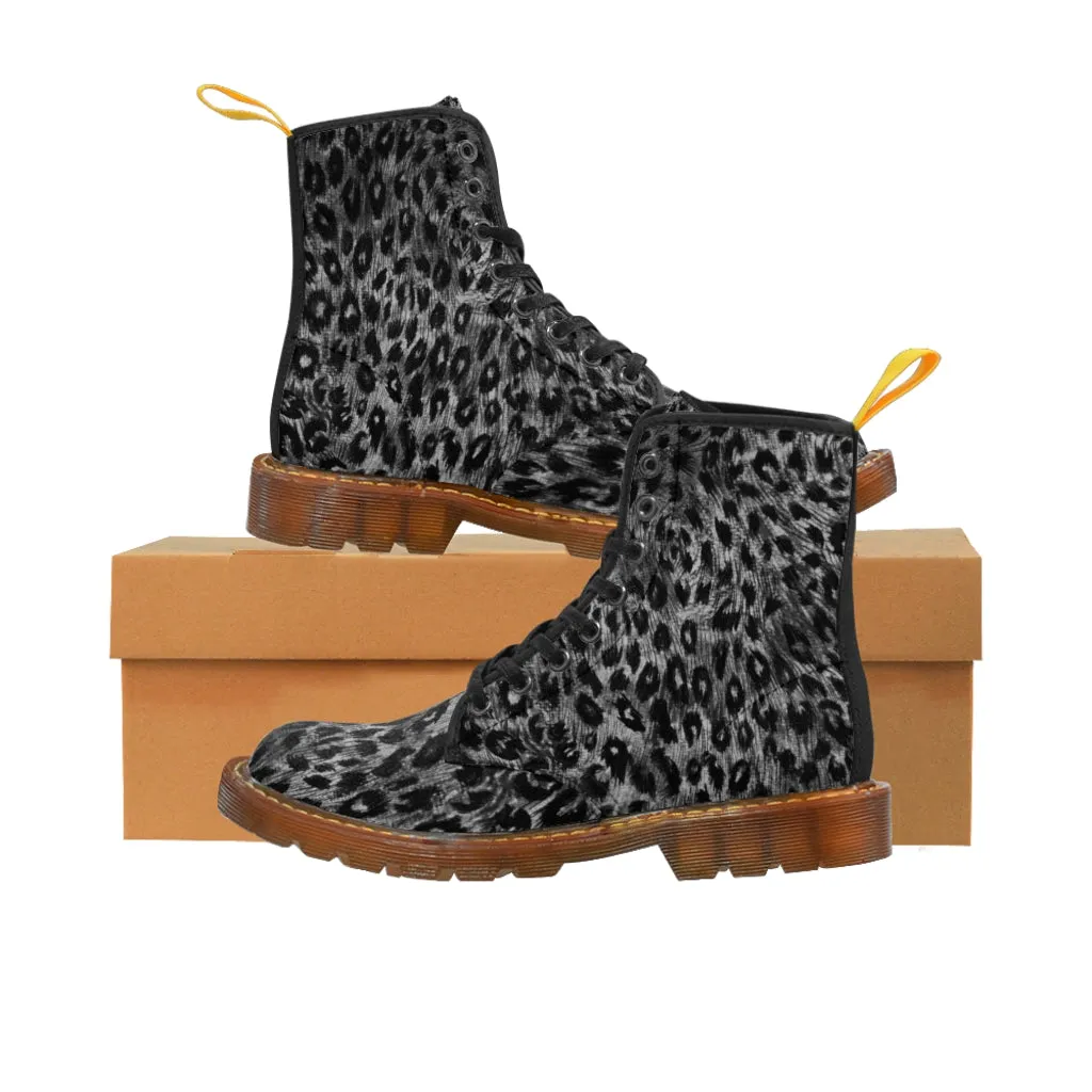 Grey Leopard Animal Print Boots, Wild Leopard Print Women's Laced Up Best Winter Boots