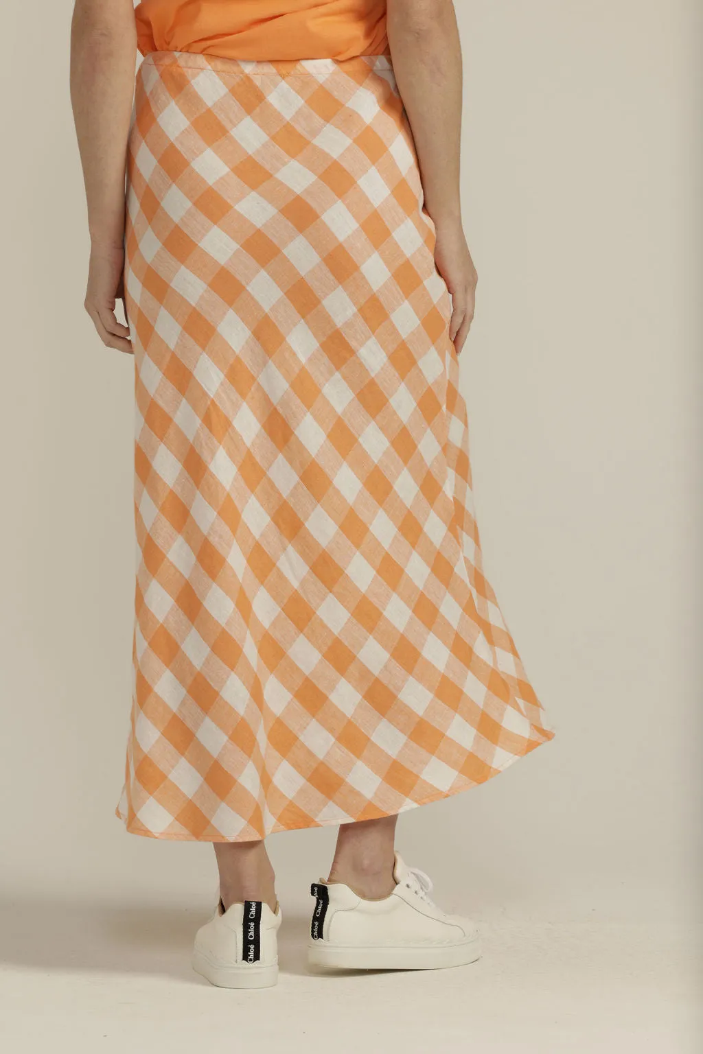 Linen Gingham Bias Cut Skirt Apricot/White