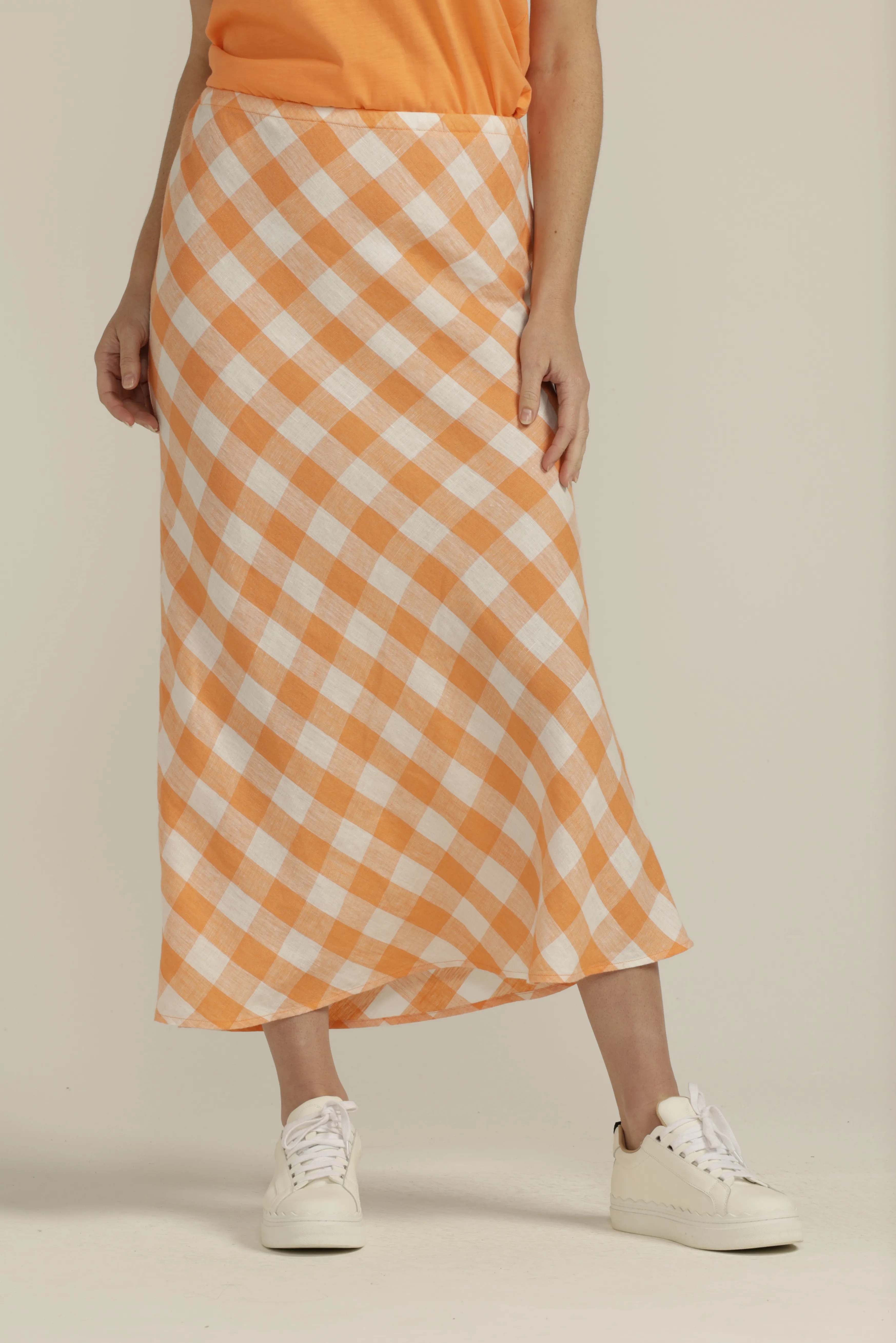 Linen Gingham Bias Cut Skirt Apricot/White