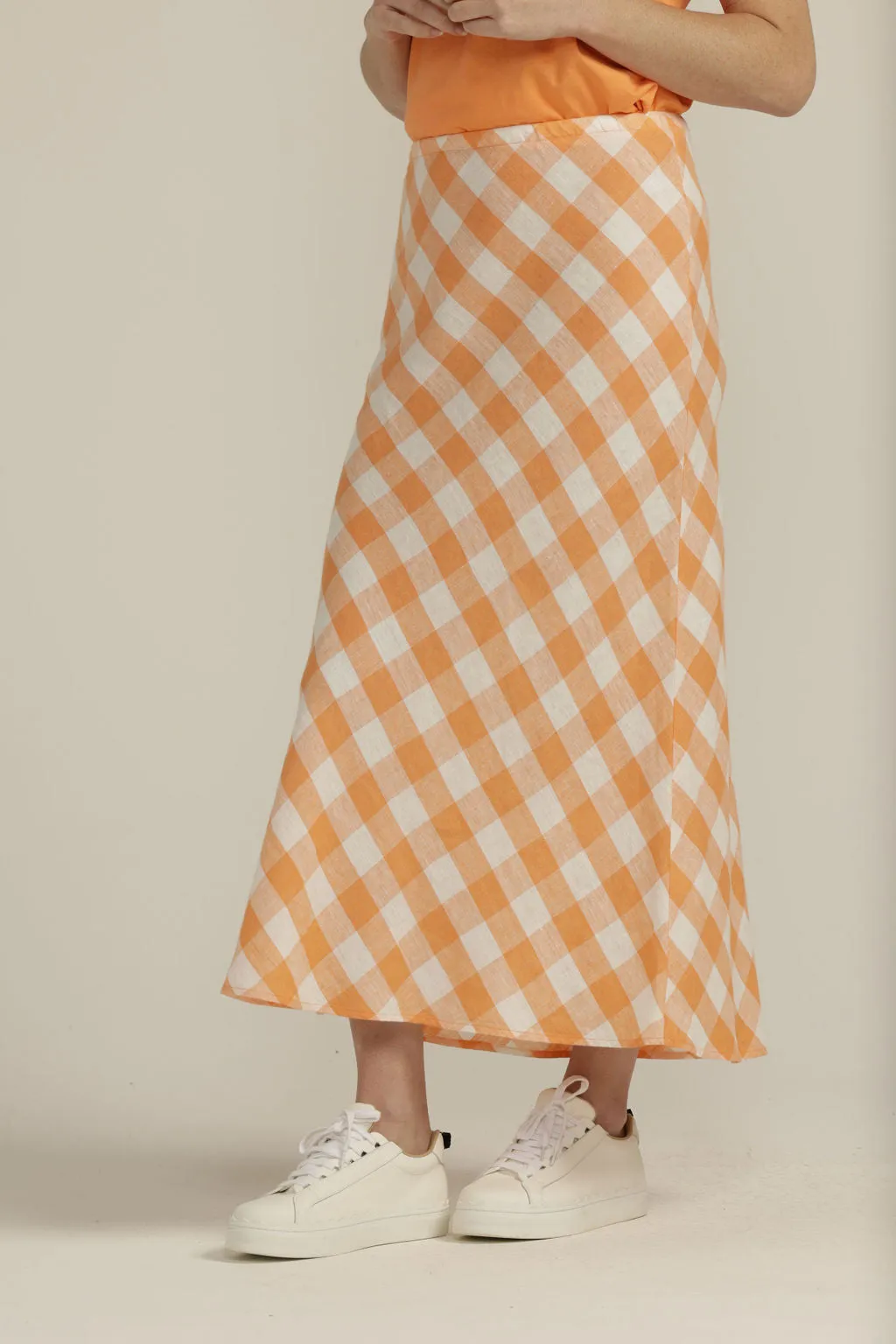 Linen Gingham Bias Cut Skirt Apricot/White