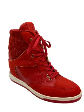 Louis Vuitton Womens Embossed Monogram Suede Cliff Top Wedge Sneakers - Size 7, Luxe Designer Footwear