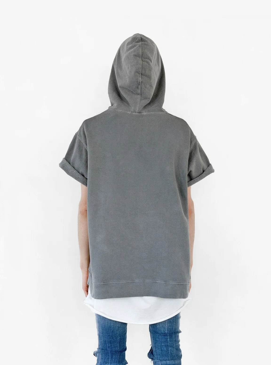 Pigment Dyed Cut-Off Washed Hoodie in Faded Gray