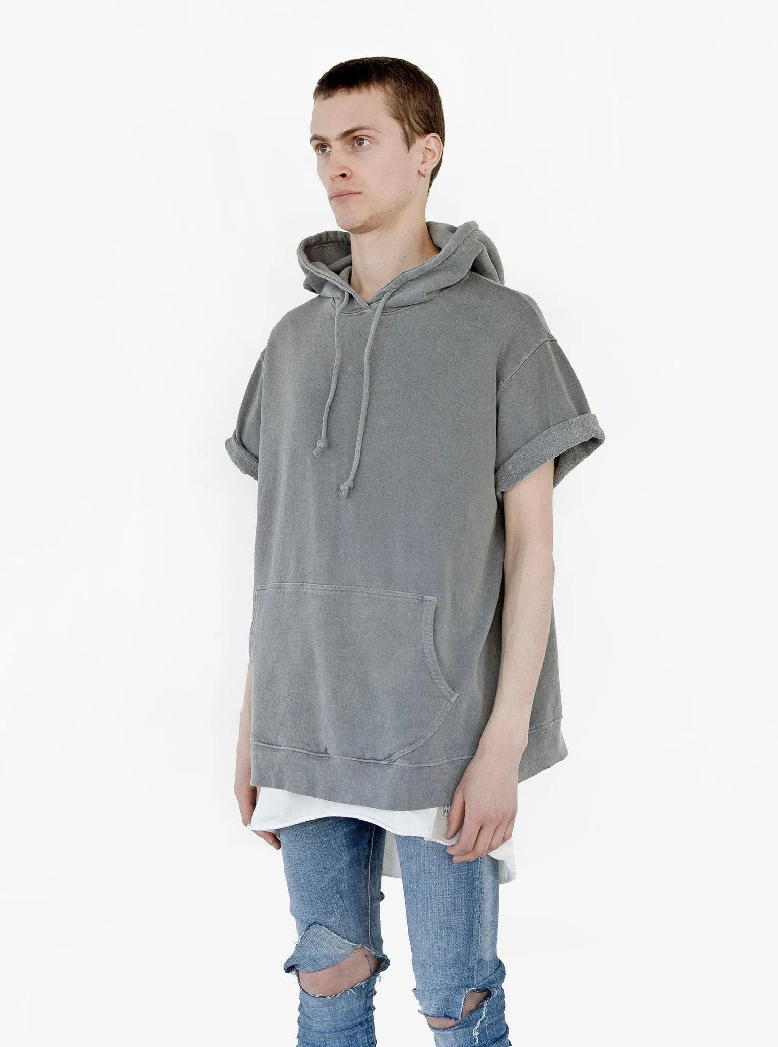 Pigment Dyed Cut-Off Washed Hoodie in Faded Gray