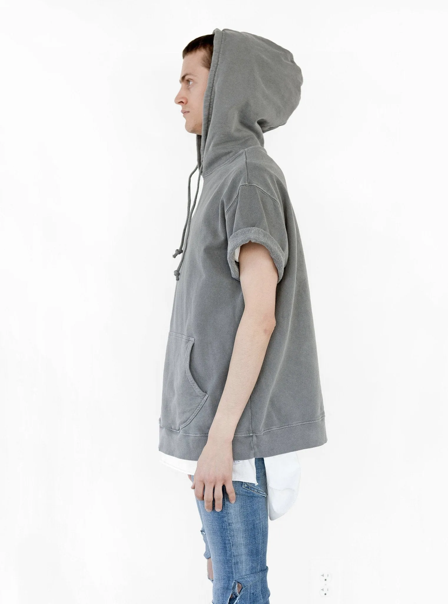 Pigment Dyed Cut-Off Washed Hoodie in Faded Gray