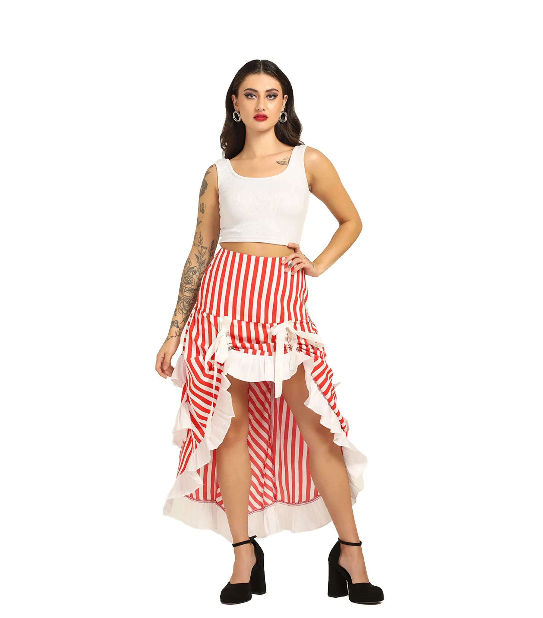 Red Stripe Adjustable High-Low Skirt