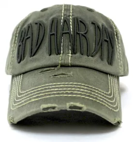 VINTAGE OLIVE Contrast-Stitch "BAD HAIR DAY" Embroidery Ballcap