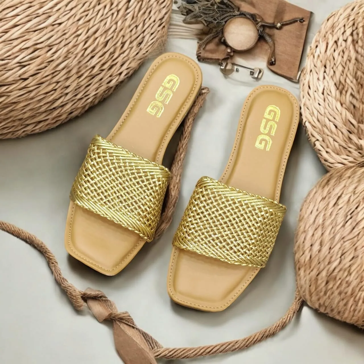 Women Stylishr Brown  Embellished Flat Sandals Golden