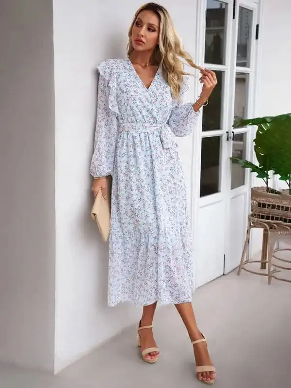 Women’s Fashion Casual Floral V-neck Long Sleeve Dress