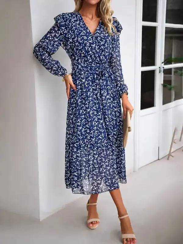 Women’s Fashion Casual Floral V-neck Long Sleeve Dress