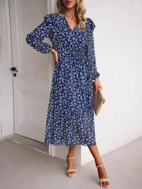 Women’s Fashion Casual Floral V-neck Long Sleeve Dress