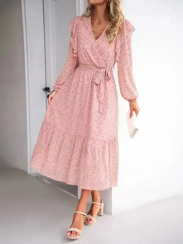 Women’s Fashion Casual Floral V-neck Long Sleeve Dress