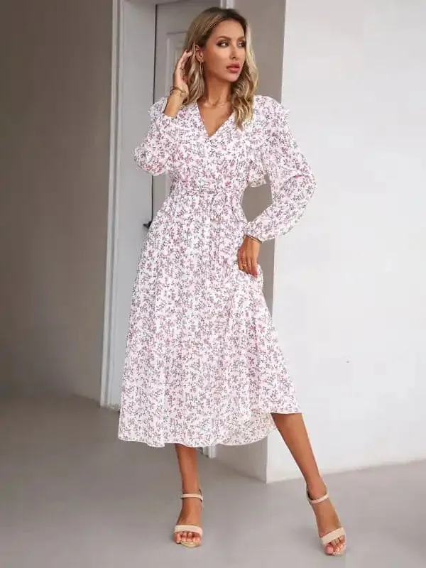 Women’s Fashion Casual Floral V-neck Long Sleeve Dress