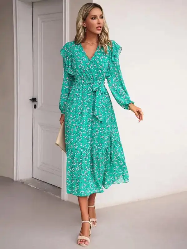 Women’s Fashion Casual Floral V-neck Long Sleeve Dress