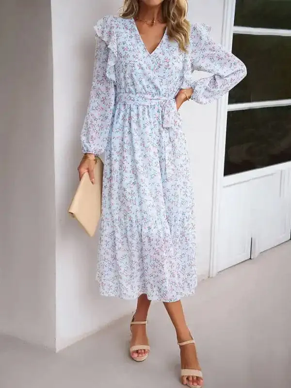 Women’s Fashion Casual Floral V-neck Long Sleeve Dress