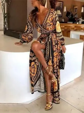 Women’s Print Long Sleeve Wrap Maxi Dress