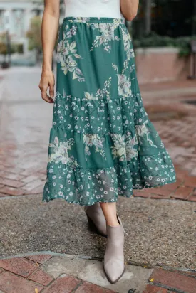 Zoe Floral Middi Skirt in Hunter Green